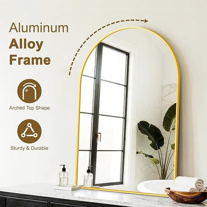 FGU Arched Bathroom Mirror for Over Sink 36"x24" Gold Vanity Mirror | Wall Mounted, HD Tempered Shatter-Proof Glass, Rust-proof Arched Metal Frame, Arch Mirror for Bedroom, Living Room, Entryway