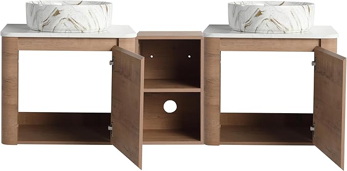 Malwee 60" Floating Bathroom Vanity with Sink, 60 Inch Wall Mounted Bathroom Cabinet Combo, Modern Double Sink Bath Storage Vanity Set, with 2 Soft Close Doors and Ceramic Vessel Basin Top(60-PP