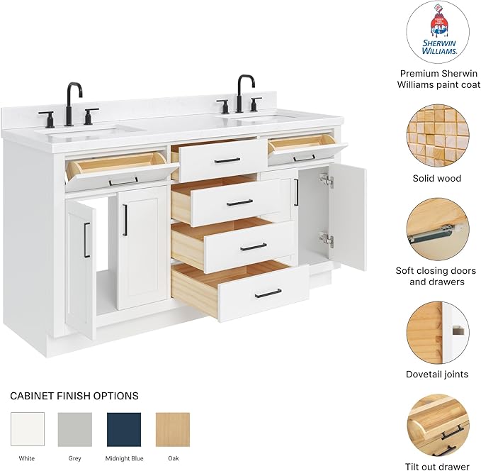 DKB Isabella 66" White Double Bathroom Vanity with 1.5" Carrara Quartz Countertop, Double Rectangular Undermount Sinks, 4 Soft Closing Doors, 6 Dovetail Drawers