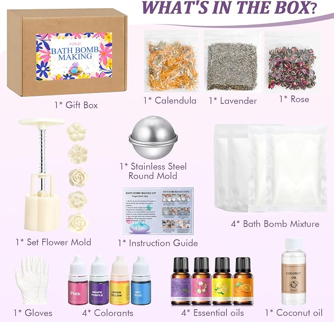 Bath Bomb Making Kit- DIY Bath Bomb Set for Kids Adults, Make Your Own Spa Kit, Shower Craft Kits with Bath Bomb Molds, Press, Spa Craft Kits, Bath Bombs Making Supplies Gifts for Girls Women