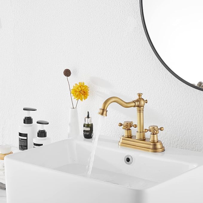Bathroom Faucet Antique Brass GGStudy 2 Handles 4 Inches Centerset Bathroom Vanity with Drain Assembly and Supply Hose Lavatory Faucet Mixer Double Handle Tap
