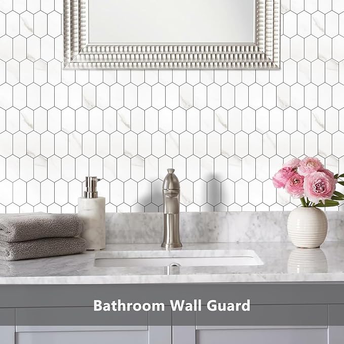 Vamos Tile Long Hexagon Peel and Stick Backsplash Tile - 10 Sheets Stick on Backsplash for Kitchen and Bathroom 12.4 x 12 Inch White Marble Look PVC Self Adhesive Mosaic Wall Tiles