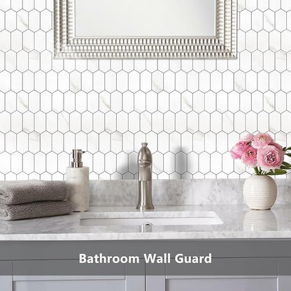 Vamos Tile Long Hexagon Peel and Stick Backsplash Tile - 10 Sheets Stick on Backsplash for Kitchen and Bathroom 12.4 x 12 Inch White Marble Look PVC Self Adhesive Mosaic Wall Tiles