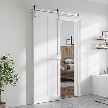 SMARTSTANDARD 28" x 84" White Sliding Barn Door with 5FT Silver Hardware | Pre-Drilled Ready to Assemble, Waterproof PVC Coating, H-Frame