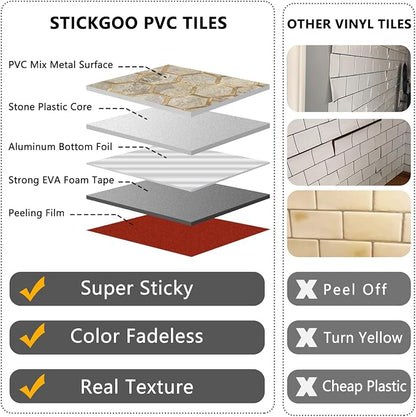 STICKGOO Hexagon Peel and Stick Backsplash Tile, Stick on Backsplash for Kitchen and Bathroom, Stone Beige PVC Mixed Metal Gold Self Adhesive Wall Tiles(10 Sheets, Seamless)