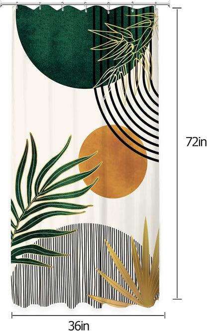 KOMLLEX Small Stall Mid Century Green Boho Half Bathroom Shower Curtain Set | 36Wx72L Abstract S design, waterproof HD print with fast-drying fabric and 12 hooks.
