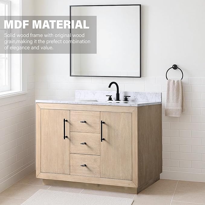 HOMEBEYOND 48 Inch Bathroom Vanity with Single Sink & Ceramic Top, MDF Material Vanity Cabinet with Basin Combo, Soft-Closing Doors, Removable Shelf, Backsplash
