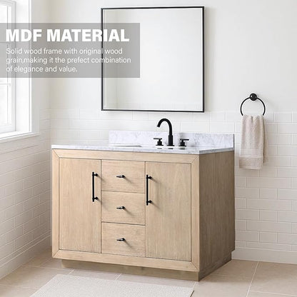 HOMEBEYOND 48 Inch Bathroom Vanity with Single Sink & Ceramic Top, MDF Material Vanity Cabinet with Basin Combo, Soft-Closing Doors, Removable Shelf, Backsplash