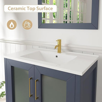 Vanity Art 96 Inch Under Mount Double Sink Bathroom Vanity Cabinet with 2 Mirrors, Ceramic Top Bathroom Cabinet Compact Set with 13 Dovetail Storage Drawers and Gold Finish Handles, VA3030-96B