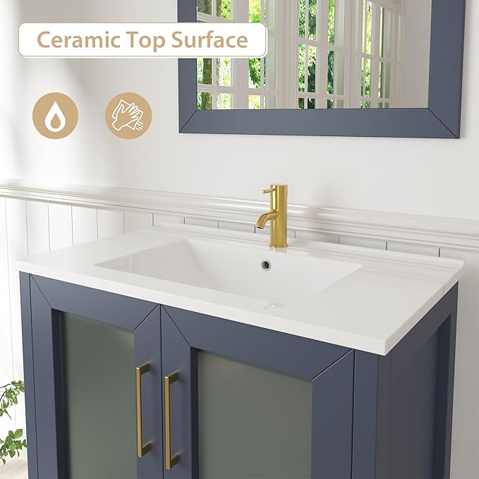 Vanity Art 84 Inch Under Mount Double Sink Bathroom Vanity Cabinet with 2 Mirrors, Ceramic Top Bathroom Cabinet Compact Set with 10 Dovetail Storage Drawers and Gold Finish Handles, VA3030-84B