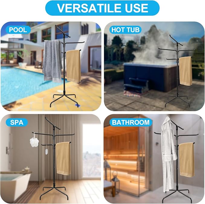 Pool Towel Rack Outdoor, Heavy Duty Freestanding Towel Holder Stand with 6 Bars & Stable Metal Base, 52-inch Tall Hot Tub Towel Hanger for Poolside, Spa, Bathroom, Sauna (Black)