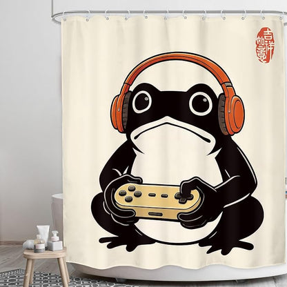 Funny Frog Japanese Gamer Anime Vintage Gaming Bathroom Shower Curtain Set | 60Wx71H Cool Retro waterproof HD print, quick-dry fabric, and 12 hooks for easy setup