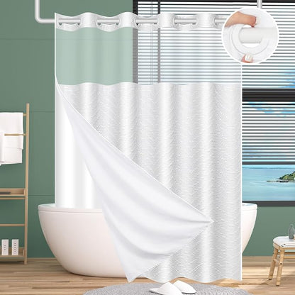 FADOTY White No Hook Shower Curtain Set with Snap in Liner, 71'' x 74'' | Bathroom Hotel Fabric Curtain, Waterproof Washable Liner, See Through Top Window, Ringless Chevron Tufted Cloth Curtain