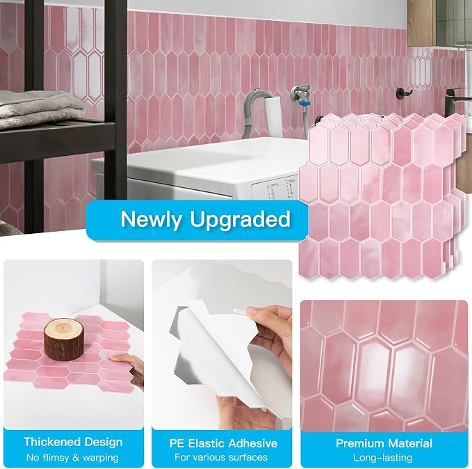 Art3d 10-Sheet Heavy-Duty Peel and Stick Backsplash, Self-Adhesive Vinyl Wall Tiles for Kitchen Countertop Bathroom, Pink (Pack of 2)
