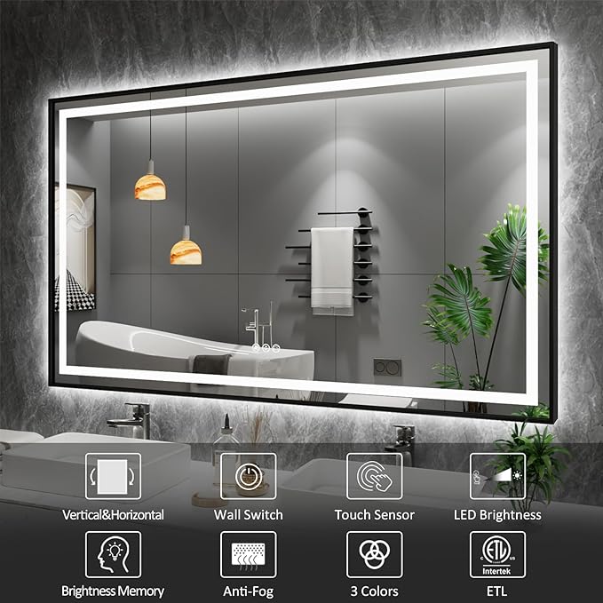 88"X38" LED Bathroom Mirror with Black Frame, Front Lit and Backlit | Metal Framed Mirror, Stepless Dimmable, HD Reflection, Anti-Fog, Shatter-Proof, Memory, 3 Colors Lighting, UL Listed.