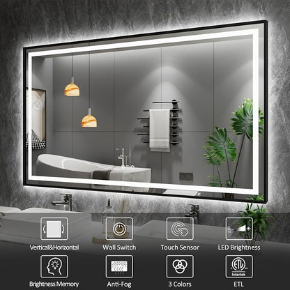 36"X30" LED Bathroom Mirror with Black Frame, Front Lit and Backlit | Metal Framed Mirror, Stepless Dimmable, HD Reflection, Anti-Fog, Shatter-Proof, Memory, 3 Colors Lighting, UL Listed.