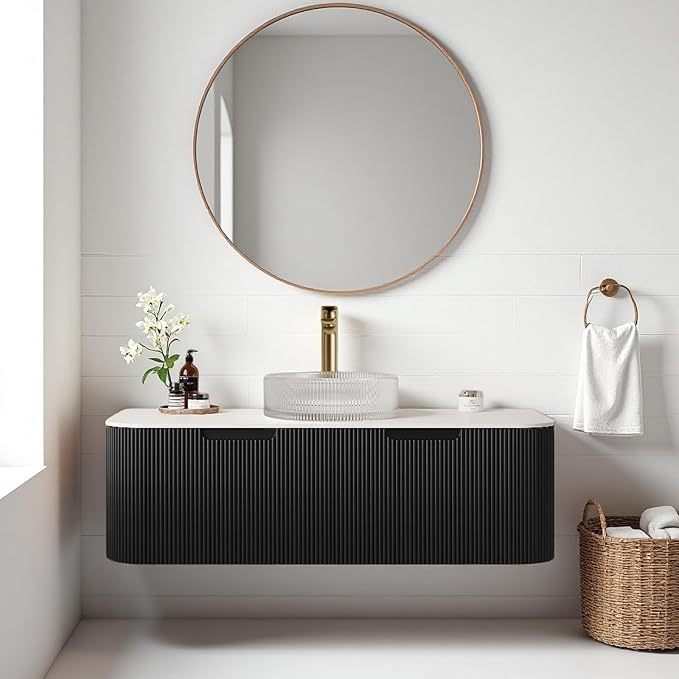 48" Floating Bathroom Vanity with Sink, Plywood Bathroom Cabinet with Round Glass Basin and Ultra-Thin Marble Countertop, 2 Large Soft-Closing Storage Drawers, Pre-Assembled, Gloss Black