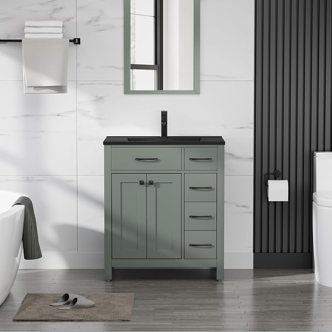 LUCKWIND 30" Modern Bathroom Vanity with Sink Combo, Contemporary Painted Storage Cabinet and Single Black Sink, Include Soft-Closing Doors & Matte Black Faucet, Black