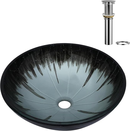 Logmey 16" Glass Bathroom Vessel Sink Vanity Countertop Round Bowl with Chrome Pop up Drain Set,Glass Art Basin,Grey-Black Gradient