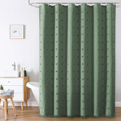 LilyCat Dark Green Boho Tufted Floral Shower Curtain with Tassel, 72" x 72" | Waterproof Boho Fabric Shower Curtain Set with Hooks, Cute Rustic Vintage Bathroom Décor, Minimalist Cloth Bathroom Curtain
