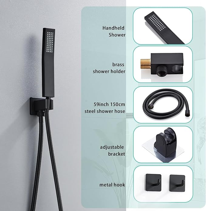10 Inch Shower Faucet Set, Ceiling Mounted Rainfall Shower System with High Pressure Handheld Shower Head, Bathroom Mixer Shower Set Rough-in Valve and Trim Kit, Matte Black, with Tub Spout