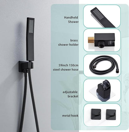 10 Inch Shower Faucet Set, Ceiling Mounted Rainfall Shower System with High Pressure Handheld Shower Head, Bathroom Mixer Shower Set Rough-in Valve and Trim Kit, Matte Black, with Tub Spout