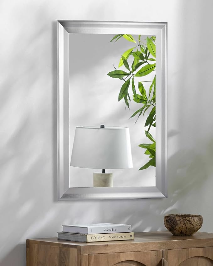 CULER Silver Wall Mirror for Bathroom,Rectangle 24 x 36 inch Vanity Mirrors | Rustic Hanging Mirror with Wood Grain Pattern for Living Room,Bedroom,Entryway