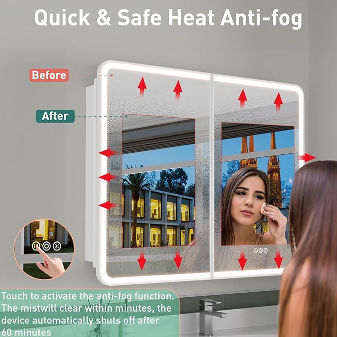 36x30 Inch Medicine Cabinet with Mirror, Recessed or Surface Mount Bathroom Medicine Cabinet with LED Lights, Anti-Fog, Memory Function, Adjustable Shelf, Dimmable Light, ETL Listed, White