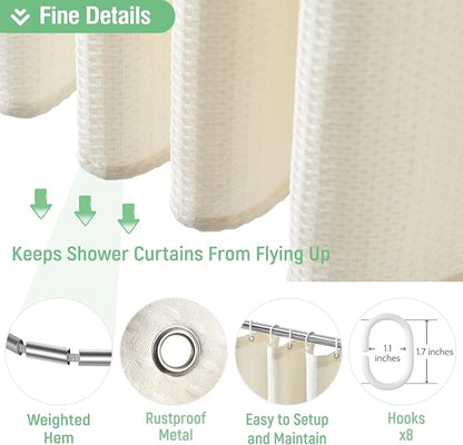Stall Waffle Shower Curtain 256 GSM Heavy Fabric 48x72 Cream/Ivory | 48 Inch Wide, Thick Cloth, Weighted Hem, Water Repellent, Hotel Luxury Polyester Shower Curtain Set for Bathroom 8 Hooks