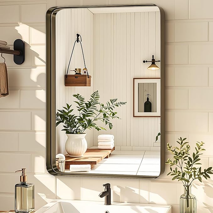 Fabuday Bathroom Wall Mirror 32x24 Inch - Bronze Metal Frame Over Sink Mirror for Bathroom, Rustic Bathroom Mirrors for Bedroom, Farmhouse, Hallway, Living Room Decor, Horizontal or Vertical Hanging