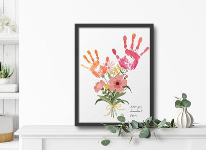 TwoDays Flower Bouquet Handprint Art Craft DIY Kit, Unique Gifts for Mom from Daughter or Son for Mother's Day Birthday Christmas, Gift for Grandma. (Floral-1, Black)