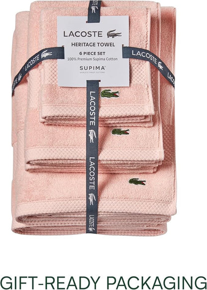 Lacoste Heritage Anti-Microbial Supima Cotton 6-Piece Towel Set, 2 Bath Towels, 2 Hand Towels, 2 Washcloths, Light Pink – Highly Absorbent & Quick Drying, Bathroom Essential, Machine Washable