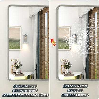 OKPAL 28 x 32 Silver Framed Mirror, Brushed Nickel Bathroom Mirror for Wall, Modern Rounded Rectangle Mirror, Brushed Silver Vanity Mirror, Anti-Rust, HD Glass (Horizontal/Vertical)