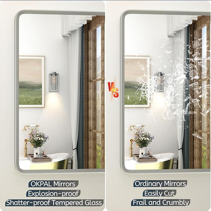 OKPAL 44 x 30 Inch Silver Bathroom Mirror for Wall, Brushed Nickel Bathroom Vanity Mirror, Rounded Rectangle Beveled Silver Framed Mirror, Anti-Rust, HD Tempered Glass(Horizontal/Vertical)