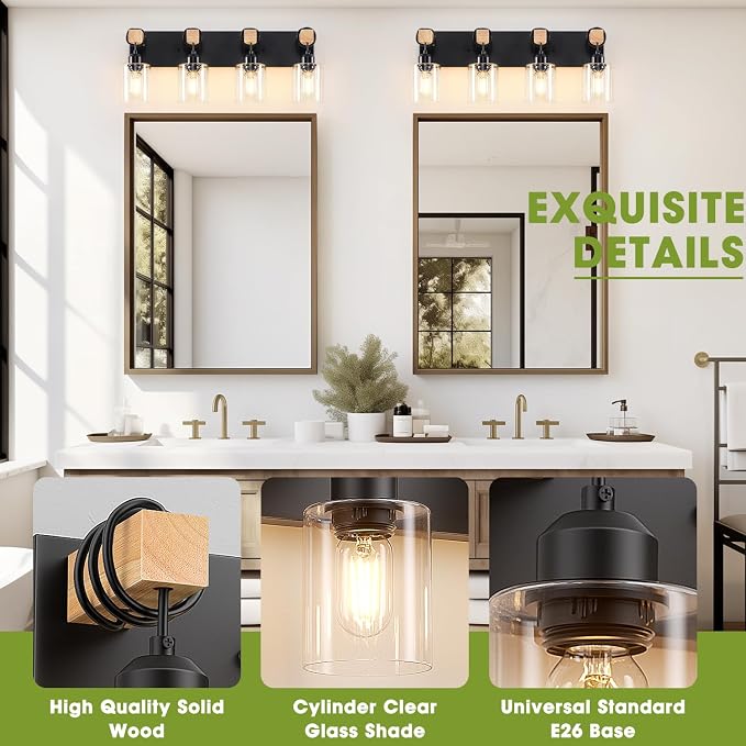 4-Lights Farmhouse Vanity Lights for Bathroom, Matte Black Bathroom Light Fixtures with Clear Glass Shade, Rustic Wood Wall Lighting Fixtures Over Mirror for Bedroom, Living Room, Hallway