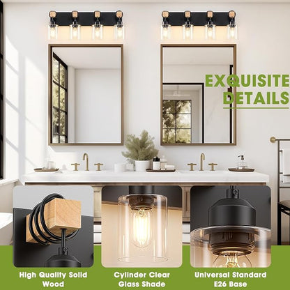 4-Lights Farmhouse Vanity Lights for Bathroom, Matte Black Bathroom Light Fixtures with Clear Glass Shade, Rustic Wood Wall Lighting Fixtures Over Mirror for Bedroom, Living Room, Hallway