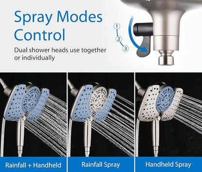Rain Shower Head with Filtered Handheld Spray Combo Nickel 2.5 GPM | 10” Rainfall Showerhead with 9-Spray Detachable Handheld, High Pressure, ON/OFF Switch, 15-Stage Filter, Jet for Cleaning