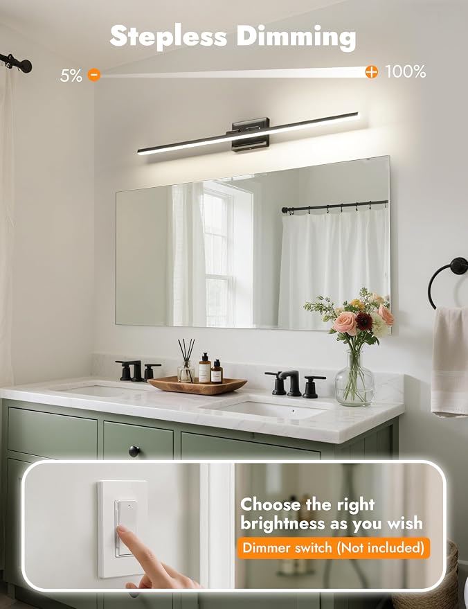 39.4 Inch Modern Bathroom Light Fixture, 24W 5CCT Dimmable LED Black Bathroom Vanity Lights Over Mirror, Vanity Lights for Bathrooms Restroom Mirror- ETL Certified