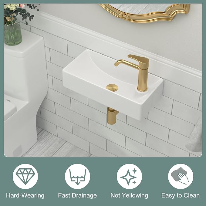 Wall Mount Bathroom Vessel Sink Space Saving | Beslend 17"x8" Inch White Ceramic Vessel Sink, Rectangular White Art Hand Wash Basin with Single Hole