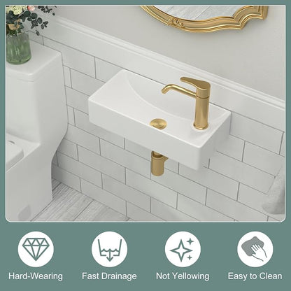 Wall Mount Bathroom Vessel Sink Space Saving | Beslend 17"x8" Inch White Ceramic Vessel Sink, Rectangular White Art Hand Wash Basin with Single Hole