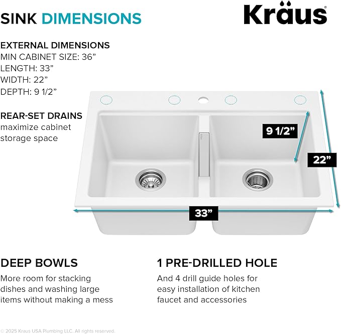 KRAUS Quarza 33-inch Granite Drop-In/Undermount 50/50 Double Bowl White Kitchen Sink, KGD-433BWHITE