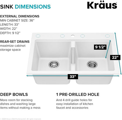 KRAUS Quarza 33-inch Granite Drop-In/Undermount 50/50 Double Bowl White Kitchen Sink, KGD-433BWHITE
