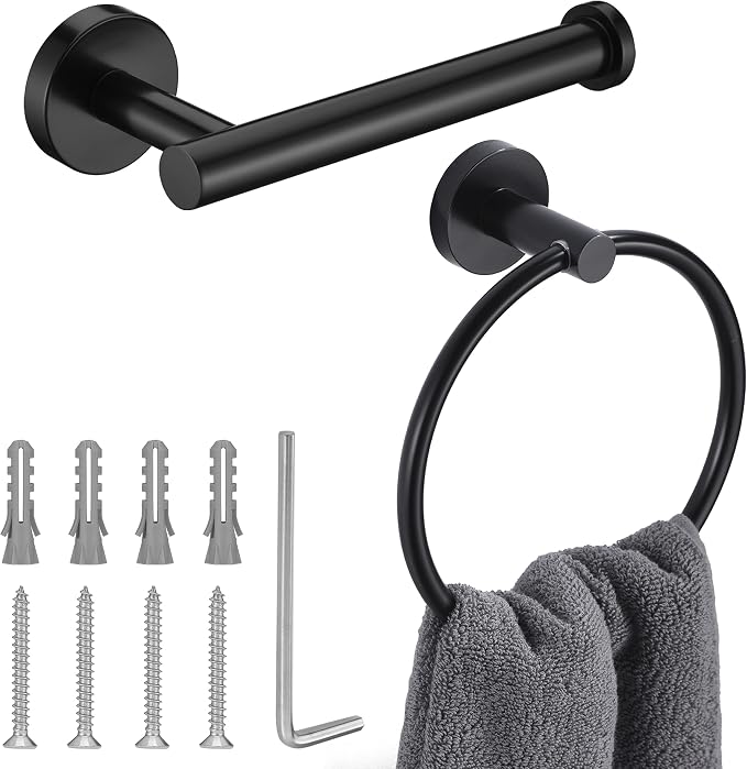 Matte Black Toilet Paper Holder and Hand Towel Ring Set 2 Pieces Bathroom Hardware Accessories Set SUS304 Stainless Steel Heavy Duty Wall Mounted Bathroom Holder…