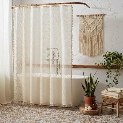 WAZZIO Vintage Lace Shower Curtain for Bathroom 72" W x 72" L, Victorian Farmhouse Floral Pattern Tassel Fancy Shower Curtain Boho Washable Cloth Decorative Bath Curtains,1 Panel
