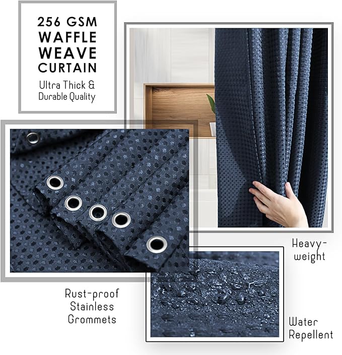 Clara Clark Navy Blue Shower Curtain - Hotel Quality Waffle Fabric Bath Curtain 72x72, Heavy Duty Waterproof Shower Curtains for Bathroom