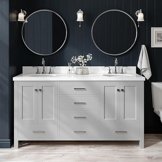 ARIEL Cambridge 66-inch Bathroom Vanity with Sink,Solid Wood, 1.5-inch Pure White Quartz Countertop & Backsplash, Double Oval Porcelain Sink, 4 Soft Closing Doors, 6 Dovetail Drawers, Grey