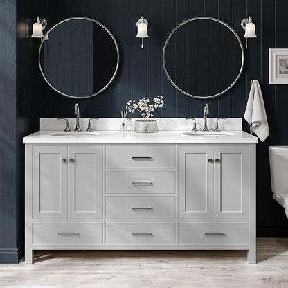 ARIEL Cambridge 66-inch Bathroom Vanity with Sink,Solid Wood, 1.5-inch Pure White Quartz Countertop & Backsplash, Double Oval Porcelain Sink, 4 Soft Closing Doors, 6 Dovetail Drawers, Grey