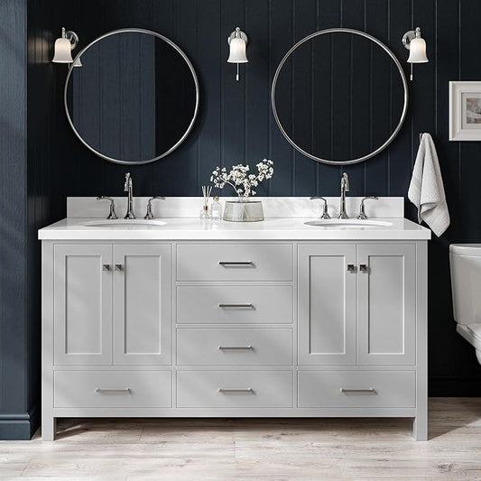 ARIEL Cambridge 66-inch Bathroom Vanity with Sink,Solid Wood, 1.5-inch Pure White Quartz Countertop & Backsplash, Double Oval Porcelain Sink, 4 Soft Closing Doors, 6 Dovetail Drawers, Grey