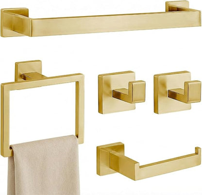 5-Piece Brushed Gold Bathroom Accessory Set, 16 Inch Bathroom Hardware Set, Towel Racks for Bathroom, SUS304 Stainless Steel Wall Mounted Bath Towel Bar Set