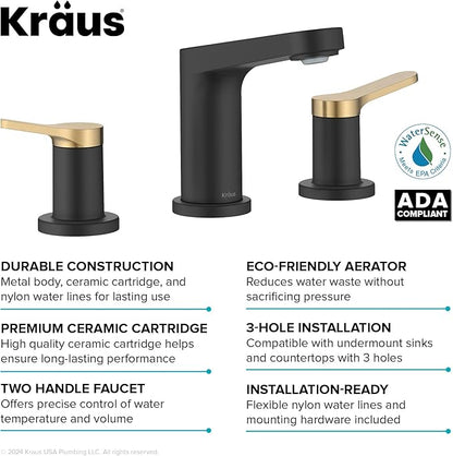 KRAUS Indy Widespread Bathroom Faucet in Spot-Free Brushed Brass/Matte Black with 2 Handles, Pop Up Drain and Supply Lines, FUS-14103SFBBMB